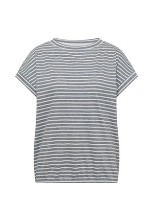Koszulka z krótkim rękawem w poziome szaro-białe paski, z okrągłym dekoltem i luźnym krojem.