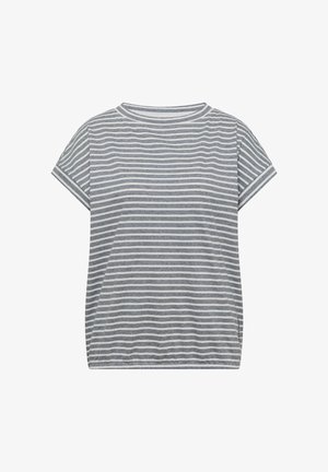 Kurzärmeliges T-Shirt mit grauen und weißen horizontalen Streifen, rundem Halsausschnitt und lockerem Schnitt.