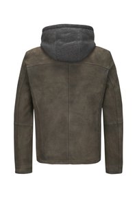Dunkelolivgrüne Lederjacke mit grauer Kapuze, die über eine glatte Textur und sichtbare Nähte verfügt. Gerader Schnitt, ohne zusätzliche Verzierungen.