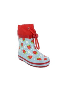 Bottes de pluie en caoutchouc bleu clair avec des accents rouges, dotées d'un haut à cordon de serrage, d'un motif de fraises et de pois blancs sur une surface lisse.