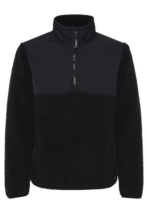 Schwarze Pulloverjacke mit einem Reißverschlusskragen, die zur Hälfte aus Fleece und zur Hälfte aus glattem Stoff besteht, mit einer weichen Textur und entspannter Passform.