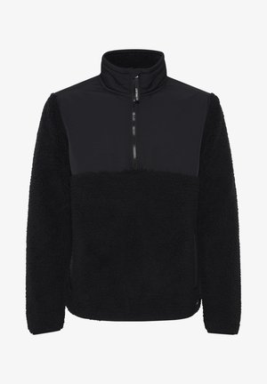 Czarna kurtka pulower z zamkiem, z półfutrzanym i półgładkim designem, o miękkiej fakturze i luźnym kroju.