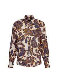 Camicia con bottoni realizzata in tessuto leggero, caratterizzata da un intricato motivo paisley in blu navy e arancione su sfondo bianco. Maniche lunghe.