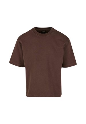 T-shirt en coton marron à manches courtes avec col rond, présenté à plat sur un fond blanc.