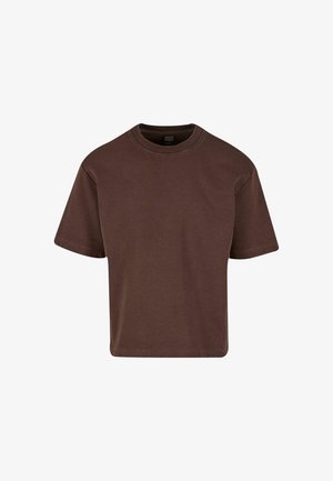 Brun kortærmet bomulds T-shirt med rund hals, vist fladt mod en hvid baggrund.