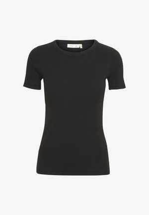 Czarna, dopasowana koszulka z krótkim rękawem z prążkowanej tkaniny i okrągłym dekoltem. Prosty design, brak widocznych logo lub wzorów.