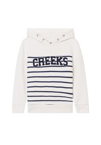 Sudadera con capucha en color crema con rayas horizontales en azul marino. Presenta la palabra "CREEKS" en letras de terciopelo azul marino en la parte delantera. Está hecha de una suave mezcla de algodón.