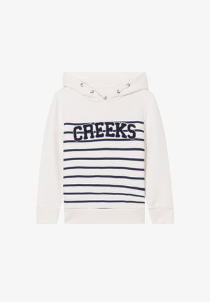 Sudadera con capucha en color crema con rayas horizontales en azul marino. Presenta la palabra "CREEKS" en letras de terciopelo azul marino en la parte delantera. Está hecha de una suave mezcla de algodón.
