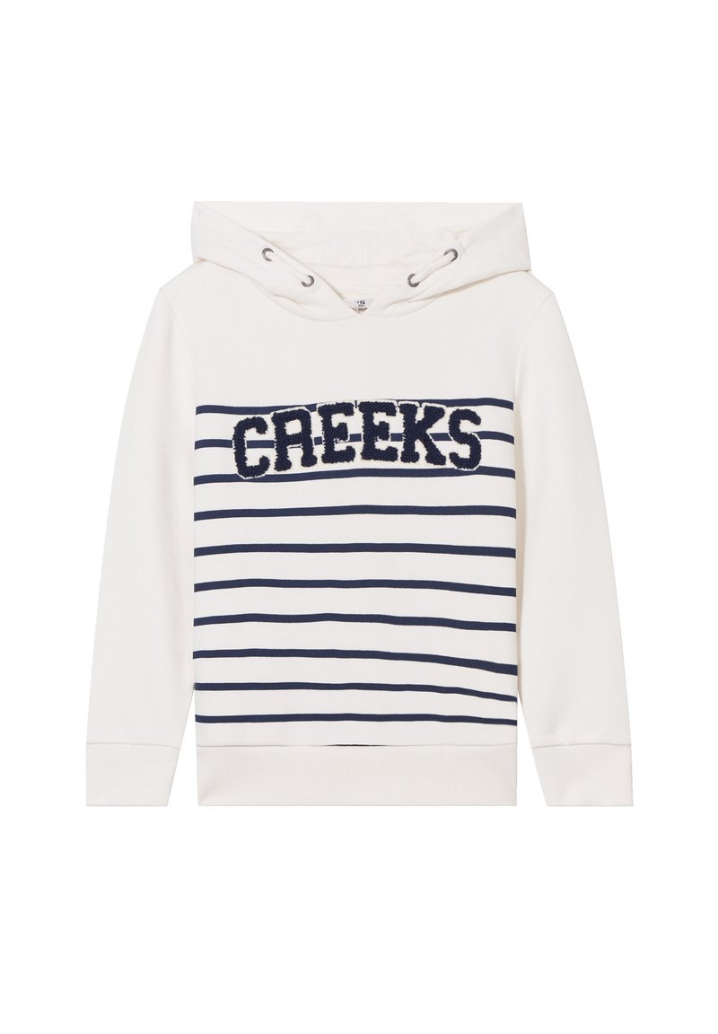 Sudadera con capucha en color crema con rayas horizontales en azul marino. Presenta la palabra "CREEKS" en letras de terciopelo azul marino en la parte delantera. Está hecha de una suave mezcla de algodón.