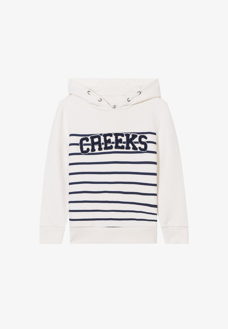Sudadera con capucha en color crema con rayas horizontales en azul marino. Presenta la palabra "CREEKS" en letras de terciopelo azul marino en la parte delantera. Está hecha de una suave mezcla de algodón.