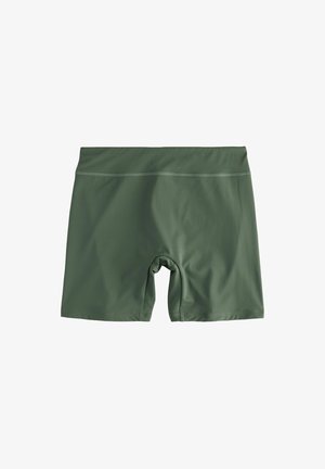 Gröna simshorts i slät, elastisk tyg. Har en midje med medelhög höjd och en figurnära design som sträcker sig något över låren.