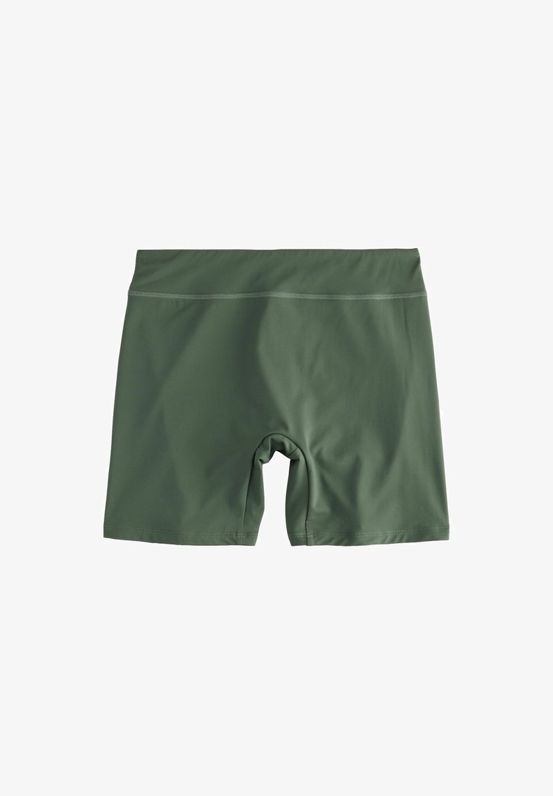 Žalios maudymosi šortai, pagaminti iš lygaus, tampraus audinio. Yra vidutinio aukščio liemančio elastiko ir prigludusio dizaino, šiek tiek besitęsiančio virš šlaunų.