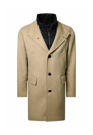 Cappotto in misto lana beige con rivestimento interno nero removibile, colletto a rever e bottoni doppi. Presenta due tasche frontali.