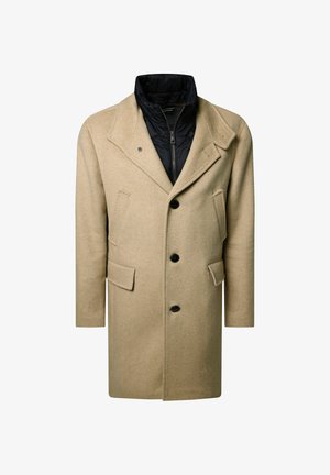Cappotto in misto lana beige con rivestimento interno nero removibile, colletto a rever e bottoni doppi. Presenta due tasche frontali.