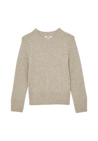 Maglione lavorato a maglia beige con polsini e orlo a coste, scollatura a girocollo e cuciture decorative lungo le cuciture laterali. Texture morbida.