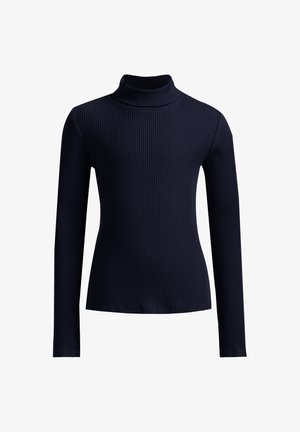 Sötétkék bordás garbó póló hosszú ujjal, szorosan illeszkedő gallérral és sima, texturált anyaggal.