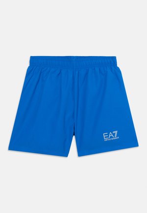 Pantalones cortos de baño para hombre de color azul brillante con cintura elástica y el logo blanco de EA7 Emporio Armani en la parte inferior del lado izquierdo.