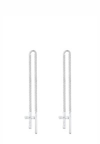Boucles d'oreilles en acier argenté présentant des designs allongés avec un détail en croix et un accent de barre droite, mettant en valeur une esthétique épurée et minimaliste.