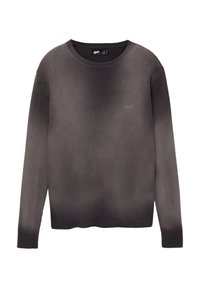 Langsleeve, ribbeltrui in gradient tinten van grijs. Heeft een ronde hals en subtiele logo borduursel op de borst. Zachte textuur.