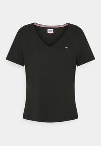 Black short-sleeve V-neck T-shirt with small Tommy Jeans logo on chest and striped collar detail.