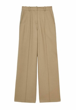 Pantaloni beige a gamba larga con vita alta, tasche laterali e frontale pieghettato. Realizzati in un tessuto morbido con un design sartoriale.