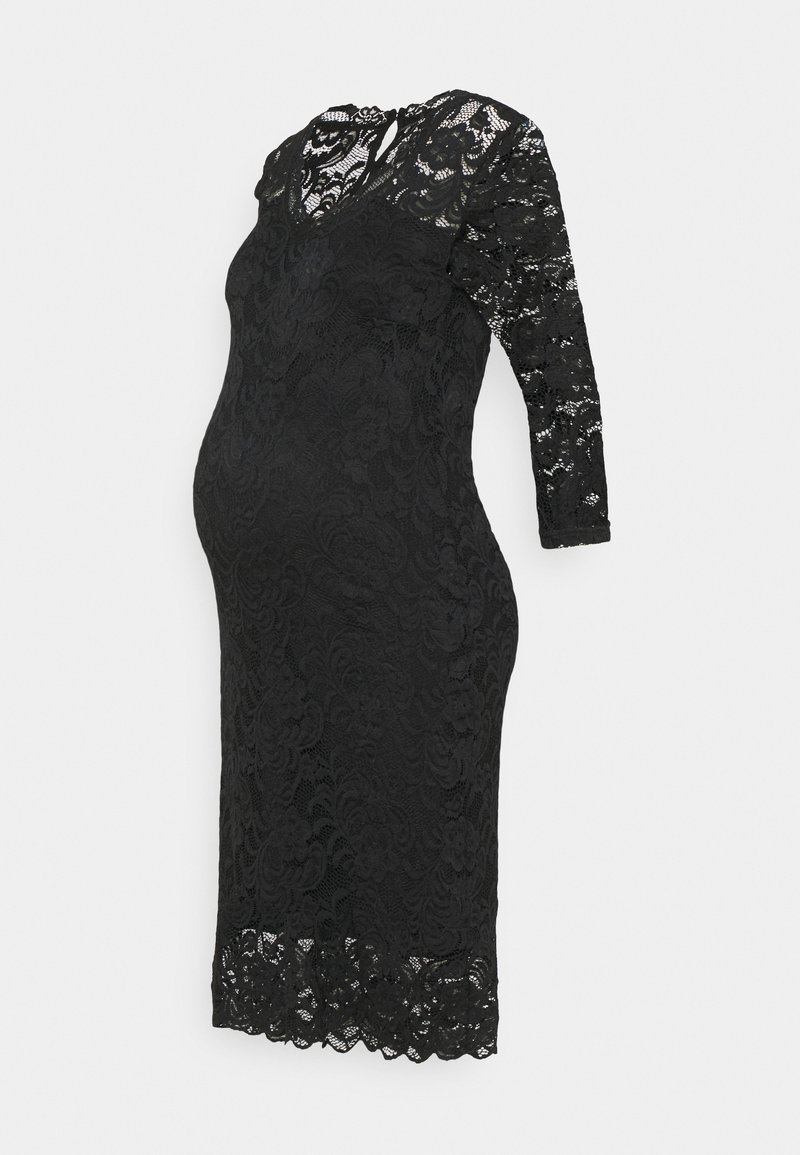 Črna čipkasta materinska obleka s tremi četrtinskimi rokavi, ki ima cvetlični vzorec, V-izrez in rob s valovitim robom za dodaten pečat.