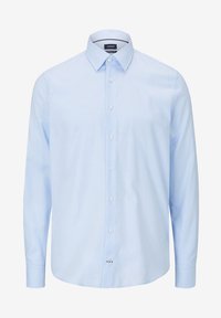 Camicia azzurra a maniche lunghe con bottoni, realizzata in tessuto liscio, dotata di colletto a punta, bottoni bianchi e orlo curvo.