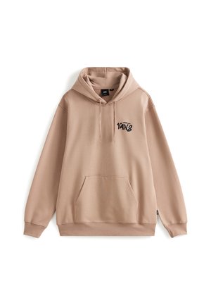 Beżowa bluza z kapturem z kieszenią kangurką, regulowanym sznurkiem na kapturze oraz czarnym logo 'VANS' na klatce piersiowej, wykonana z miękkiego materiału.
