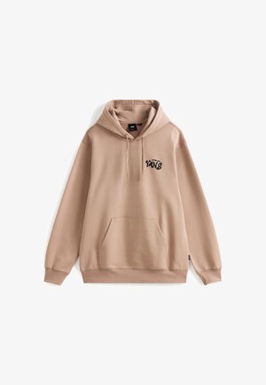 Beiger Hoodie mit Kängurutasche, verstellbarem Kordelzug an der Kapuze und schwarzem 'VANS'-Logo auf der Brust, aus weichem Stoff hergestellt.