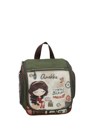 Kwadratowa oliwkowo-zielona torba z brązowym uchwytem, z ilustracją dziewczyny z zamkniętymi oczami oraz tekstem "Anekke" i "Poznaj siebie" na przedniej kieszeni.