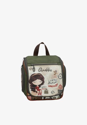 Kwadratowa oliwkowo-zielona torba z brązowym uchwytem, z ilustracją dziewczyny z zamkniętymi oczami oraz tekstem "Anekke" i "Poznaj siebie" na przedniej kieszeni.