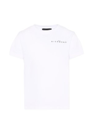 Wit T-shirt met korte mouwen en ronde hals, met een klein zwart "John Richmond" logo op de linkerborst.