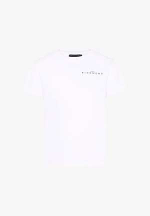 Wit T-shirt met korte mouwen en ronde hals, met een klein zwart "John Richmond" logo op de linkerborst.