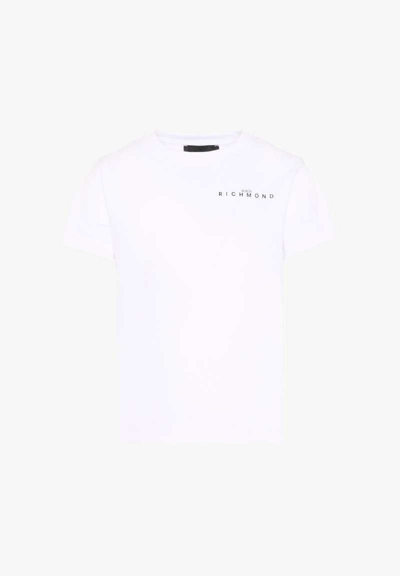 T-shirt blanc à manches courtes et col rond avec un petit logo noir "John Richmond" sur la poitrine gauche en haut.