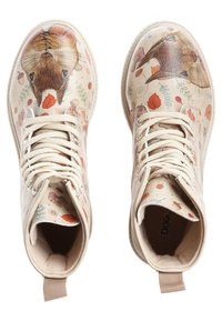 Patterned ankle boots with a beige synthetic upper featuring animal illustrations, leaves, and acorns; round toe, rubber sole, and lace-up design.