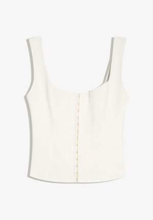 Witte mouwloze top in korsetstijl met haak- en oogsluitingen aan de voorkant en brede schouderbanden.
