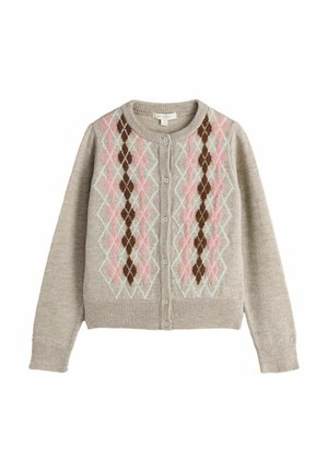 Light beige cardigan with a round neckline, featuring an argyle pattern in pink, light blue, and brown. Button-front closure with ribbed cuffs.