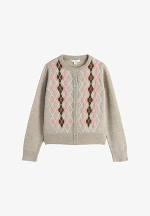 Hellbeige Strickjacke mit rundem Ausschnitt, mit einem Rautenmuster in Pink, Hellblau und Braun. Vorderseite mit Knöpfen, Bündchen gerippt.