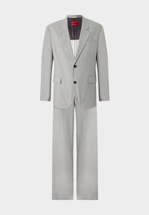 Light gray pinstriped suit featuring a single-breasted jacket with notched lapels and matching wide-leg trousers. Black buttons and pockets included.