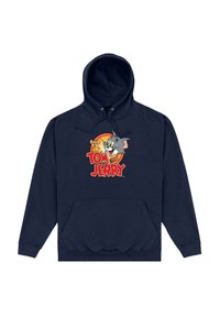 Felpa blu navy realizzata in misto cotone con tasca frontale e cappuccio regolabile con cordino. Presenta una stampa a cartone animato di Tom e Jerry sul petto.