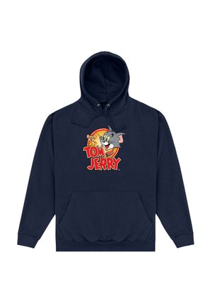 Felpa blu navy realizzata in misto cotone con tasca frontale e cappuccio regolabile con cordino. Presenta una stampa a cartone animato di Tom e Jerry sul petto.