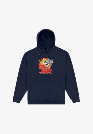 Felpa blu navy realizzata in misto cotone con tasca frontale e cappuccio regolabile con cordino. Presenta una stampa a cartone animato di Tom e Jerry sul petto.