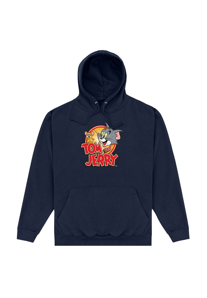 Felpa blu navy realizzata in misto cotone con tasca frontale e cappuccio regolabile con cordino. Presenta una stampa a cartone animato di Tom e Jerry sul petto.