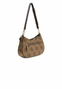 Borsa a tracolla marrone con motivo a fantasia e forma curva, dotata di una tasca con cerniera sul davanti e una tracolla staccabile.