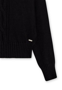 Manica di un maglione nero lavorato a maglia con polsini a costine, dettaglio a treccia sul lato e piccolo tag del marchio metallico vicino all'orlo.