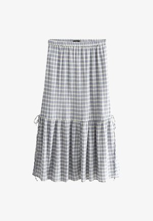 Blaue und weiße karierte Rock, elastischer Bund, Rüschensaum, leichtes Material, Bindebänder an den Seiten, lässiges Design.