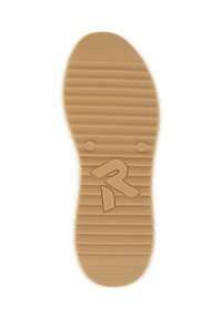 Rubber shoe sole, tan with horizontal grooves, white edge, features embossed brand logo and size markings, smooth texture.