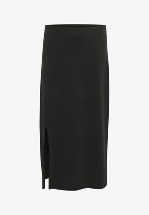 Juoda, kelių colių ilgio sijonas, pagamintas iš lygaus audinio, su šoniniu įplyšimu ir plačiu, elastingu juosmeniu, užtikrinančiu patogų prigludimą.