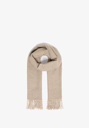 Beige wool scarf with a soft texture, featuring fringed ends and a simple, rectangular design, looped for display.