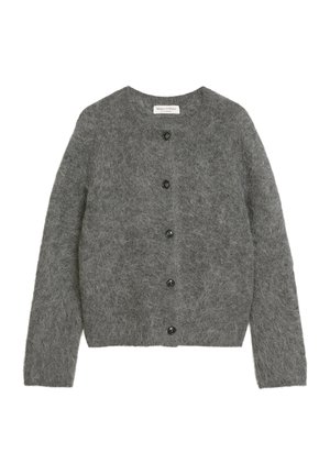 Grauer Cardigan aus weichem, strukturiertem Material mit rundem Halsausschnitt, Knopfverschluss und schwarzen Knöpfen. Das Design zeichnet sich durch lange Ärmel aus.
